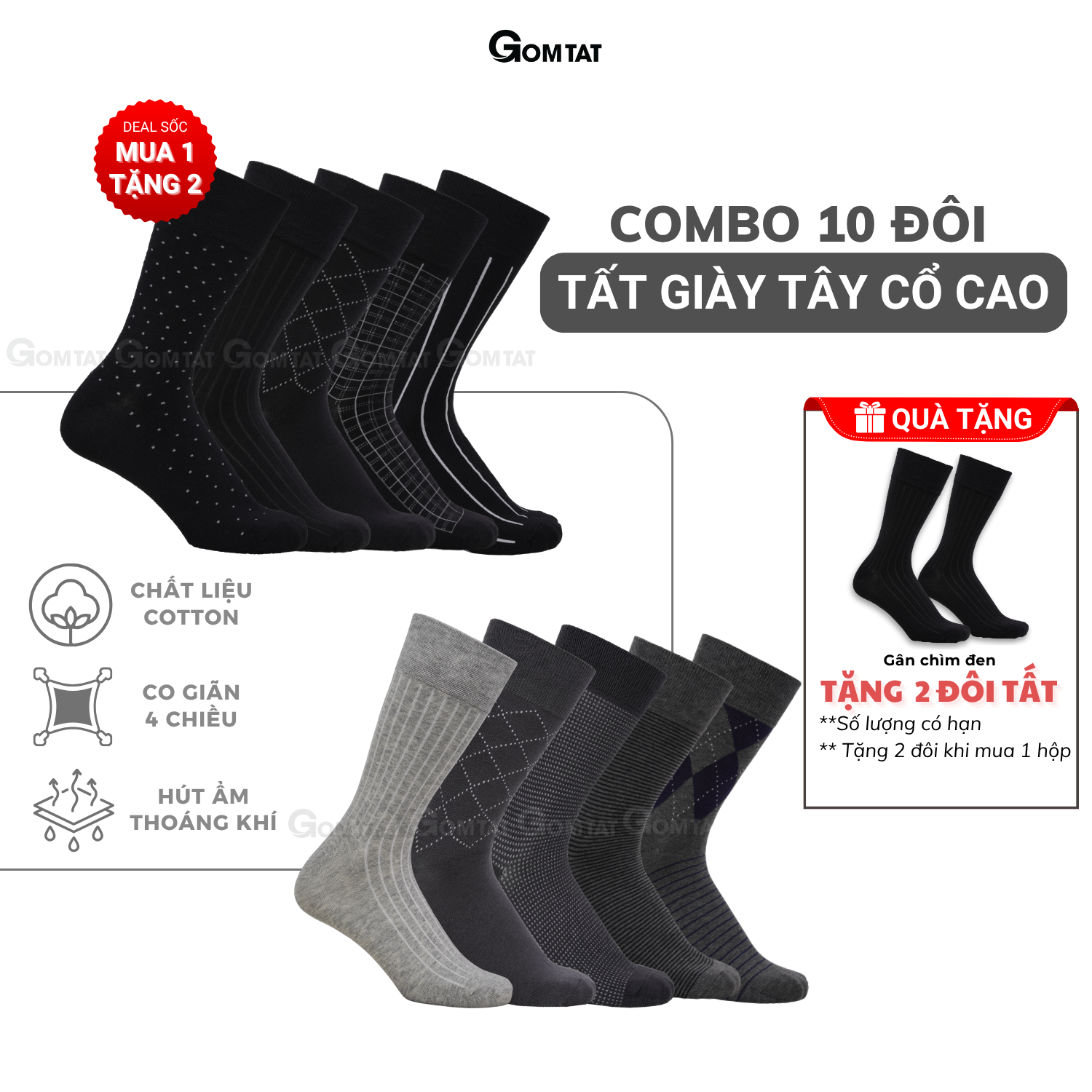 Hộp 10 đôi tất nam giày tây công sở GOMTAT màu đen và xám, chất liệu cotton thoáng mát, khử mùi - GOM-MIX19-CB10
