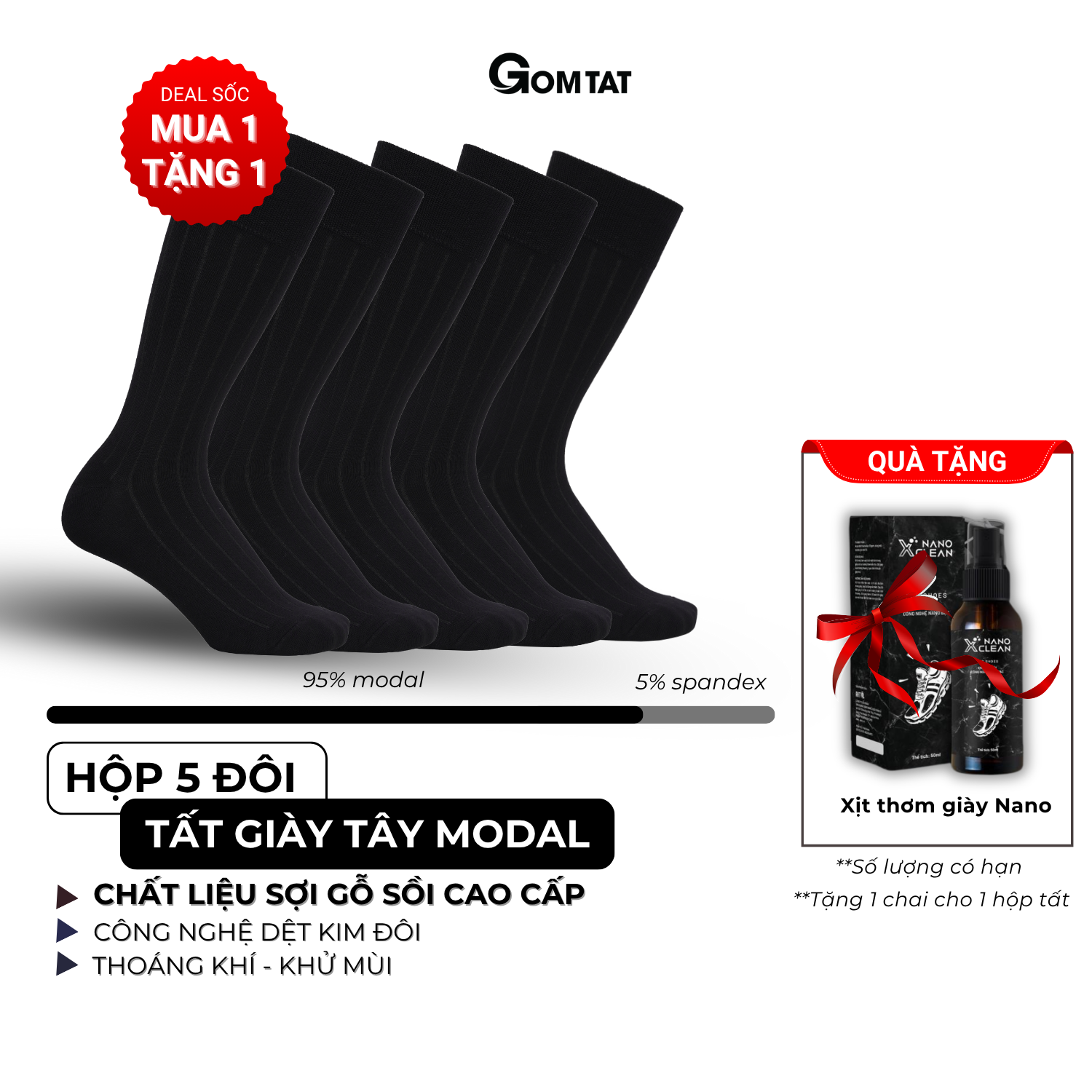 Hộp 5 đôi tất nam đi giày tây GOMTAT, chất liệu sợi Modal gỗ sồi cao cấp kháng khuẩn khử mùi - MODAL-STA-5012-CB5