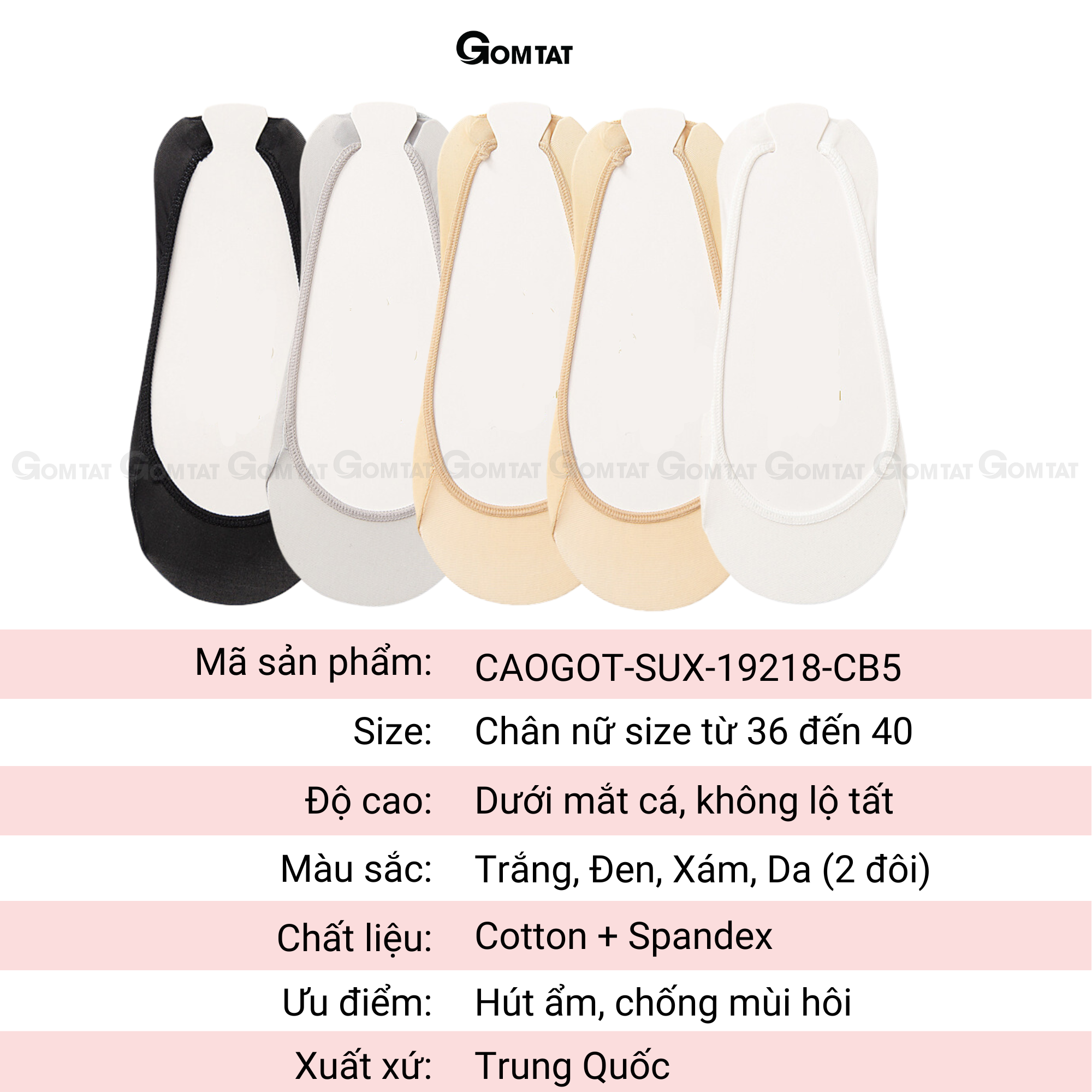 Combo 5 đôi tất đi giày cao gót nữ GOMTAT, chất liệu cotton thoáng khí - CAOGOT-SUX-19218-CB5