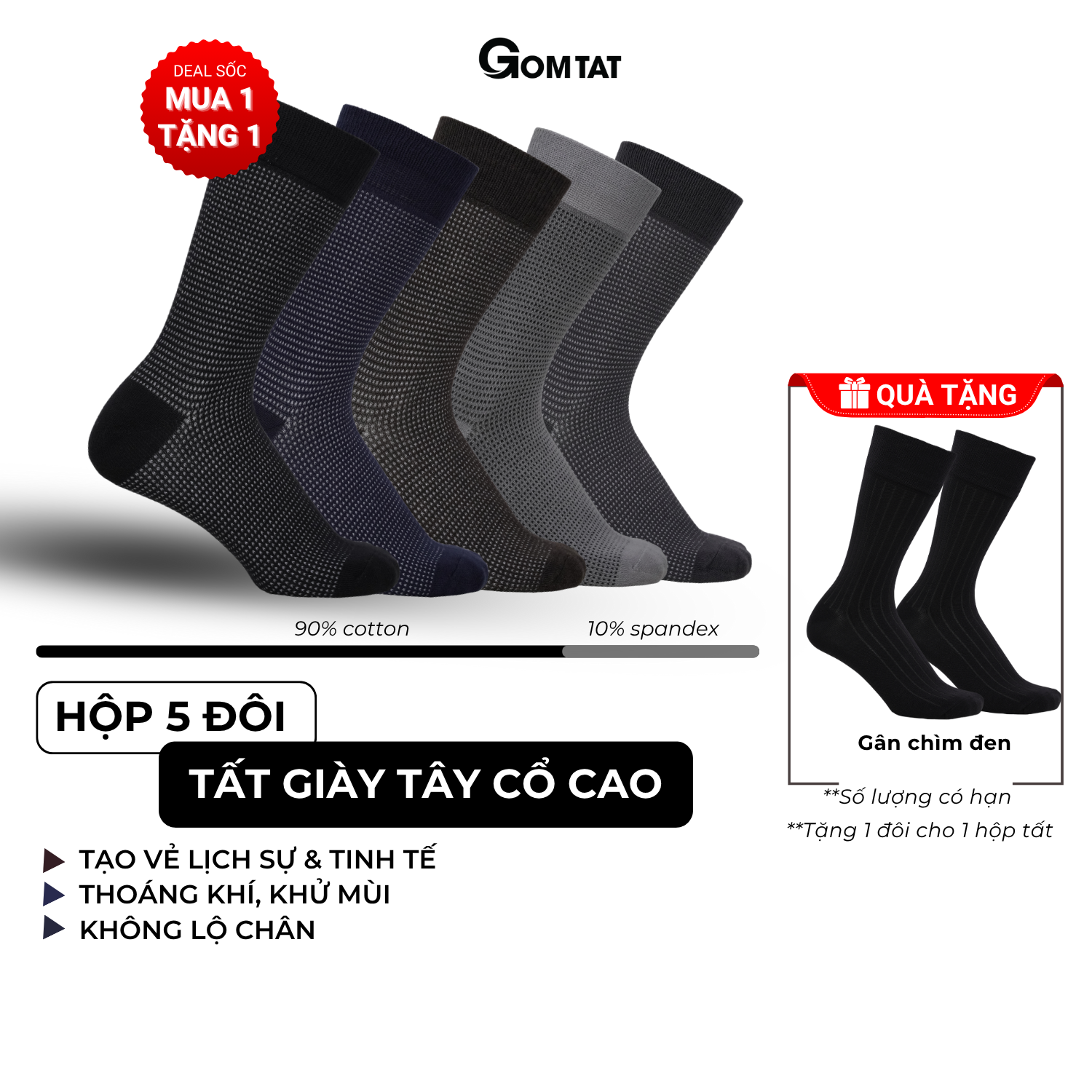 Hộp 5 đôi tất vớ nam công sở cổ cao GOMTAT chất liệu cotton cao cấp, hút ẩm, thoáng khí chống mùi hôi - TATGIAYTAY01-CB5
