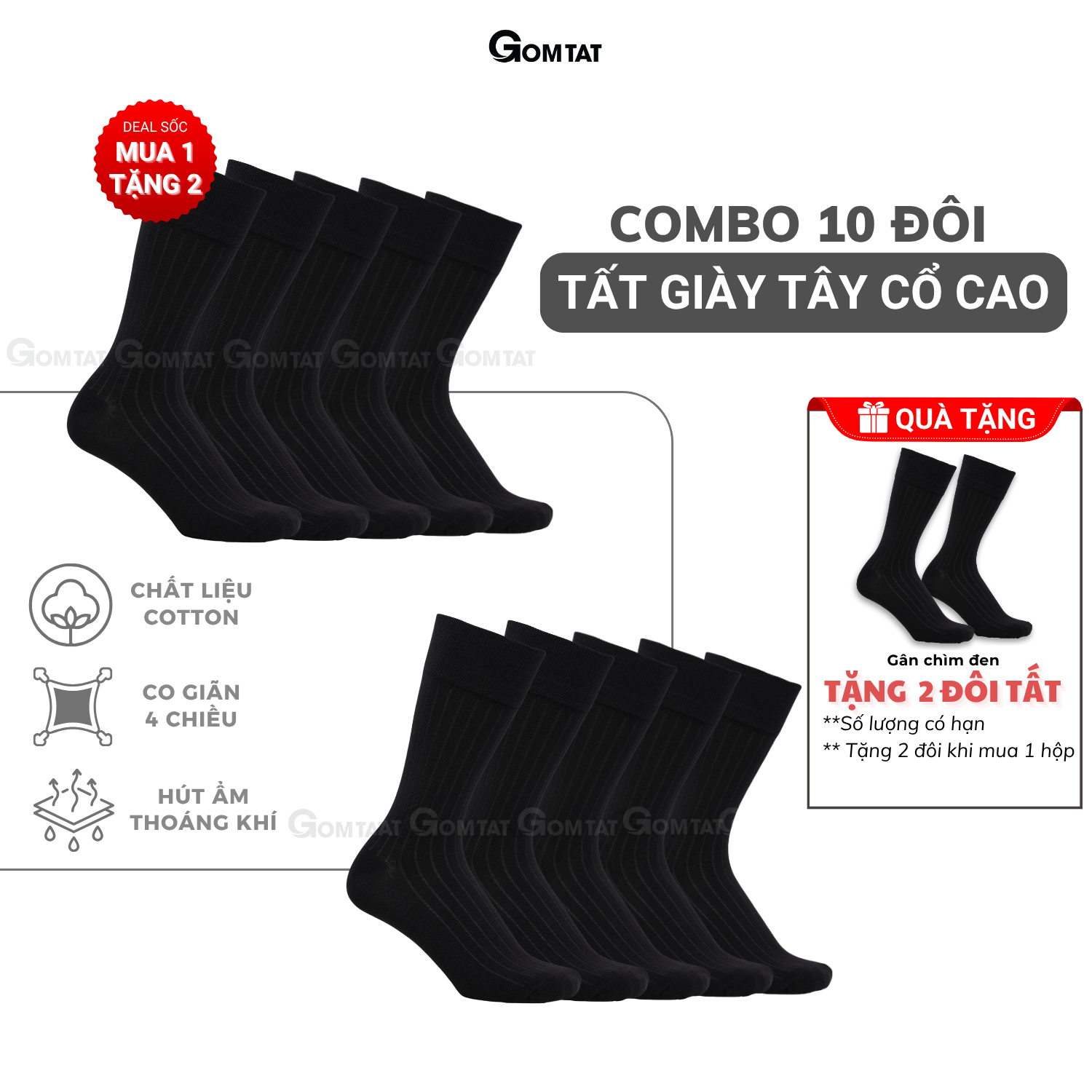 Hộp 10 đôi vớ nam cổ cao công sở GOMTAT mẫu gân chìm màu đen, chất liệu cotton, thoáng mát - GOM-TAYGANCHIM-DEN-CB10