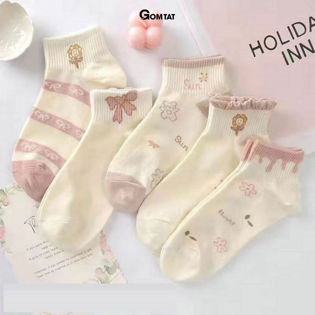 Set 5 đôi tất nữ cổ thấp GOMTAT chất liệu cotton cao cấp, mềm mại êm chân, khử mùi thoáng khí - CB100