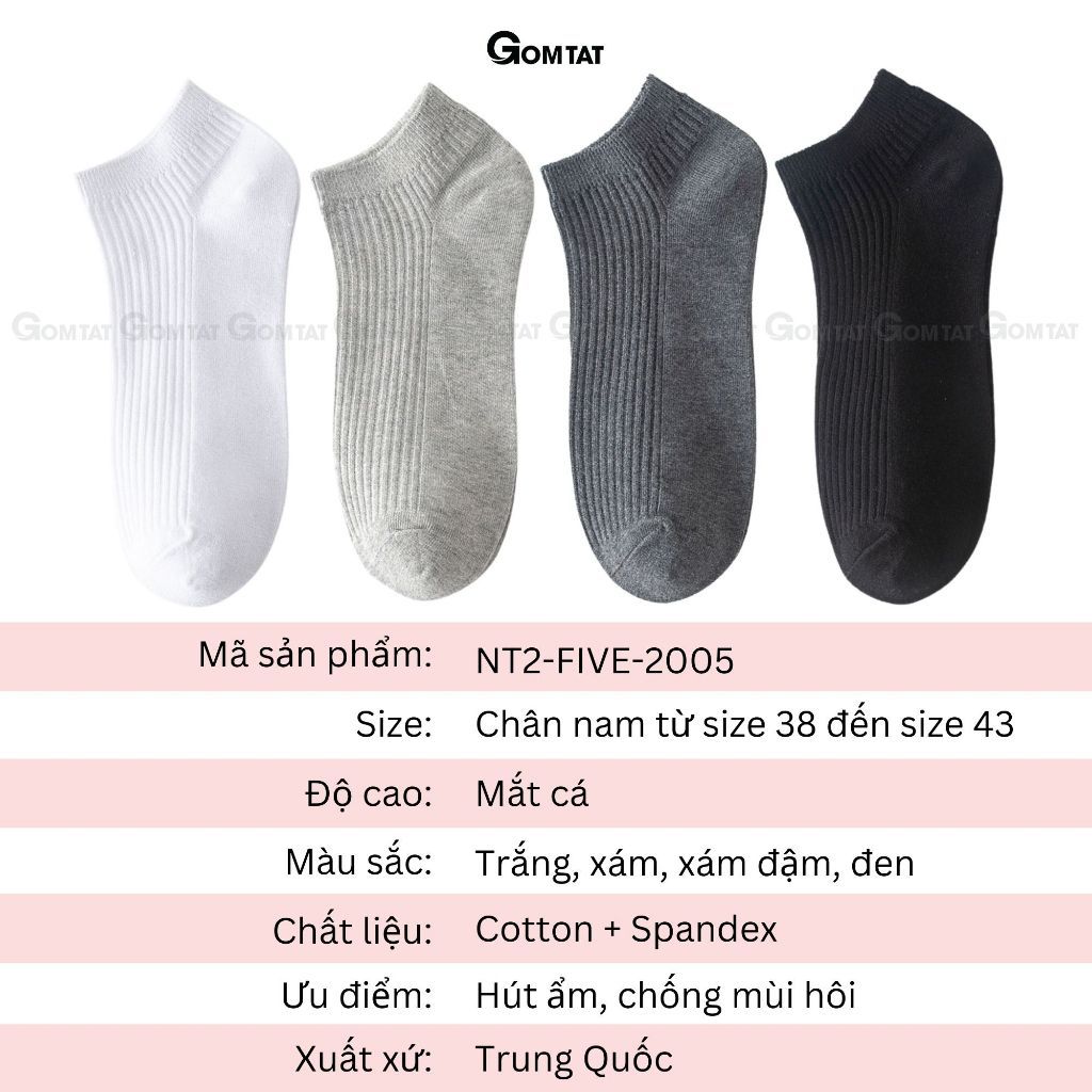 Combo 4 đôi tất vớ nam ngắn cổ GOMTAT, hoạ tiết gân chìm trơn màu chất liệu cotton khử mùi, mềm mại - NT2-FIVE-2005-CB4