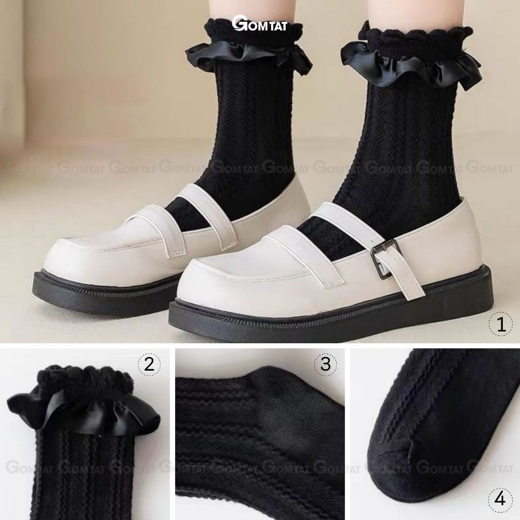 Combo 5 đôi tất lolita nữ cổ trung GOMTAT, chất liệu polyester mềm mịn, thiết kế viền ren dễ thương - HOT-1802-CB5