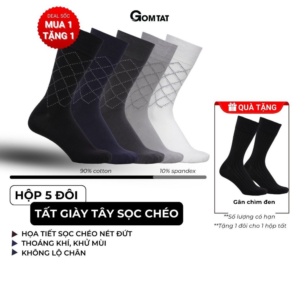 Hộp 5 đôi tất giày tây nam cổ cao GOMTAT hoạ tiết sọc chéo, chất liệu cotton cao cấp thoáng mát  - GOM-TAYCHEO-CB5