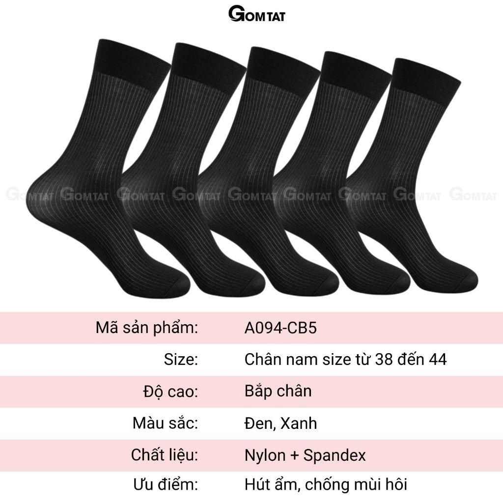 Hộp 5 đôi vớ công sở nam GOMTAT, tất nam đi giày tây chất liệu sợi nylon cao cấp, vớ cổ cao nam họa tiết sọc gân xuyên thấu, mềm mịn êm chân, Menswear - D16-A094-CB5