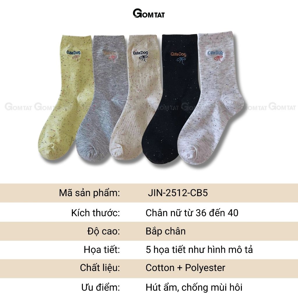 Set 5 đôi vớ nữ cổ cao GOMTAT họa tiết cute, tất nữ cotton cao cấp mềm mại, êm chân – JIN-2512-CB5