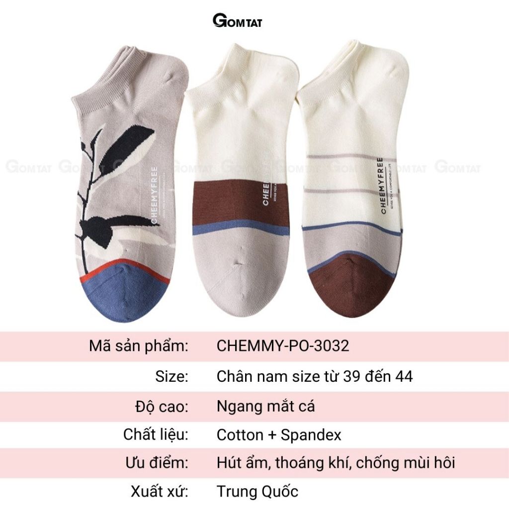 Set 3 đôi tất nam cổ thấp GOMTAT, chất liệu cotton cao cấp, hút ẩm, khử mùi thoáng khí  -CHEMMY-PO-3032-CB3