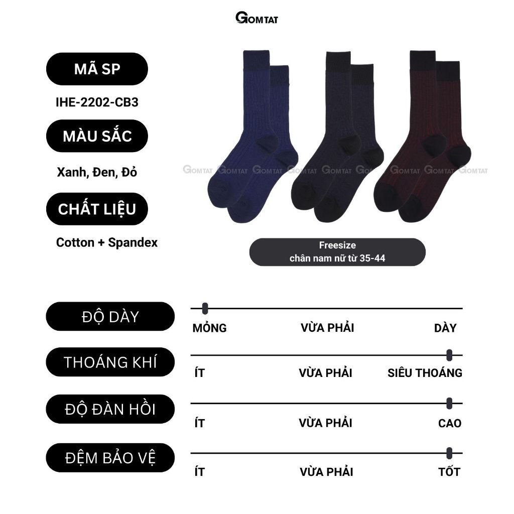 Hộp 3 đôi tất cổ cao GOMTAT công sở, chất liệu cotton cao cấp, phong cách lịch lãm  - IHE-2202-CB3
