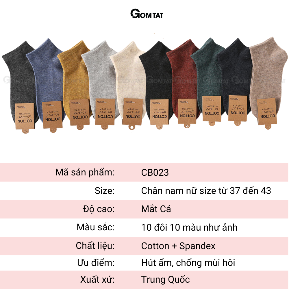 Set 10 đôi tất vớ nam nữ cổ ngắn nhiều màu GOMTAT, chất liệu cotton mềm mại thoáng mát - CB023-10DOI