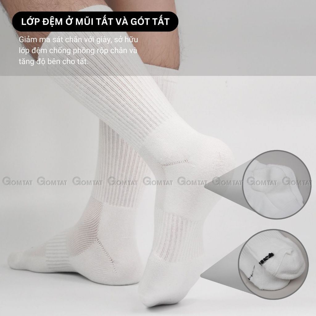 Combo 5 đôi tất trơn nam nữ GOMTAT màu trắng có lót xù êm chân, có mặt lưới thoáng mát - STA-5009-CB5
