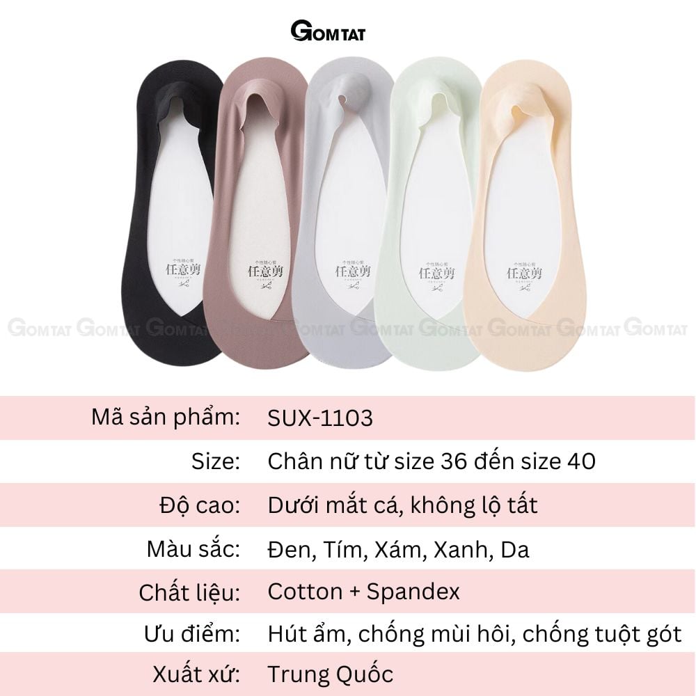 Combo 10 đôi tất tàng hình nữ GOMTAT chống tuột gót, chất liệu cotton êm chân khử mùi hôi - SUX-1103-CB10