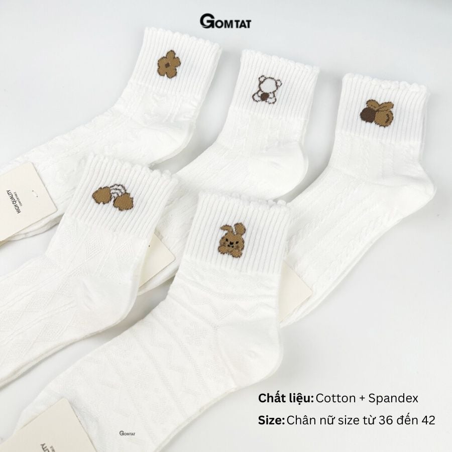 Set 5 đôi tất nữ cổ trung GOMTAT hoạ tiết hình thú đáng yêu, chất liệu cotton êm mềm mịn mát  -LISU25-LUNG-HTNAU