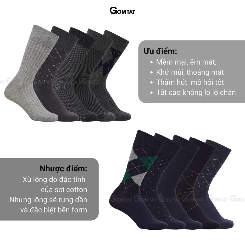 Hộp 10 đôi tất cổ cao công sở nam GOMTAT màu xám và xanh, chất liệu cotton, khử mùi thoáng khí - GOM-MIX18-CB10
