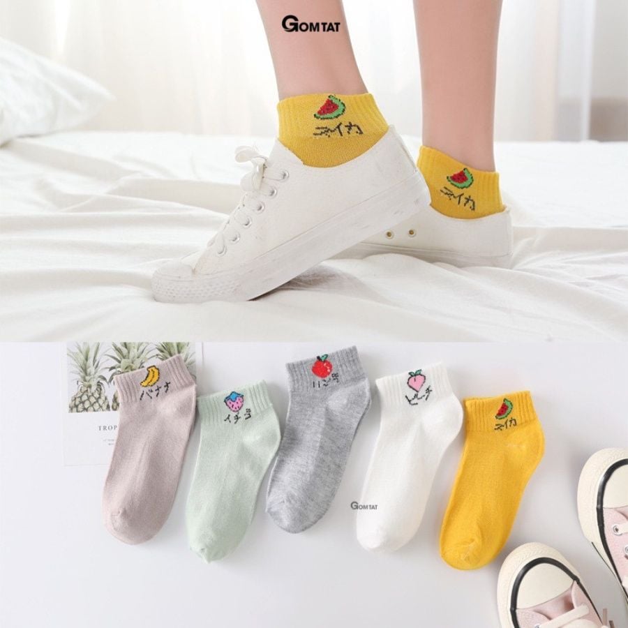 Set 5 Đôi Tất Nữ Cổ Ngắn GOMTAT Nhiều Màu Dễ Thương, Vớ Nữ Cổ Thấp Họa Tiết Trái Cây  -CB043