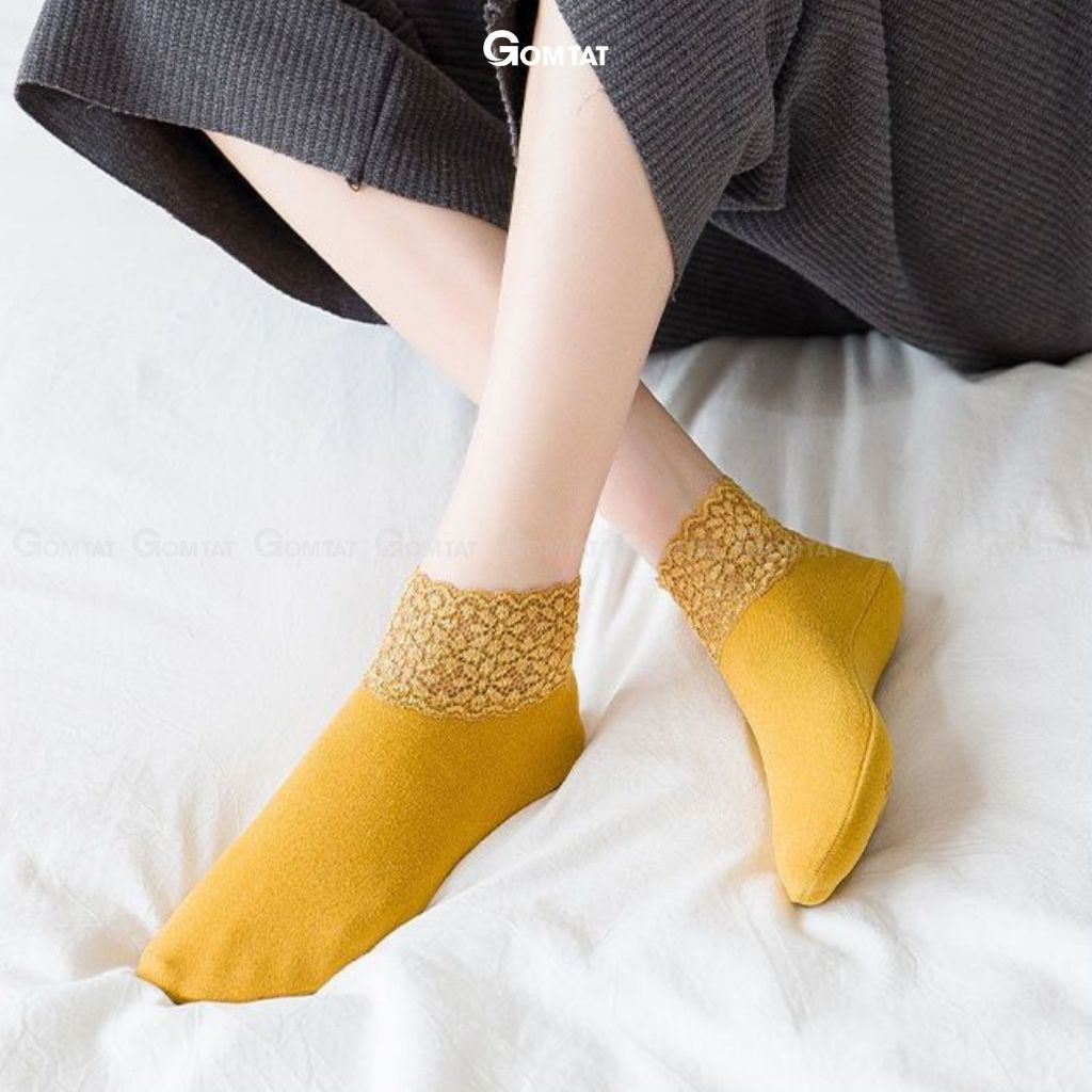 Set 8 đôi tất cổ thấp nữ cao cấp có đệm chống trượt GOMTAT, vớ cổ ren nữ cổ ngắn chất liệu cotton mềm mịn - D16-A065