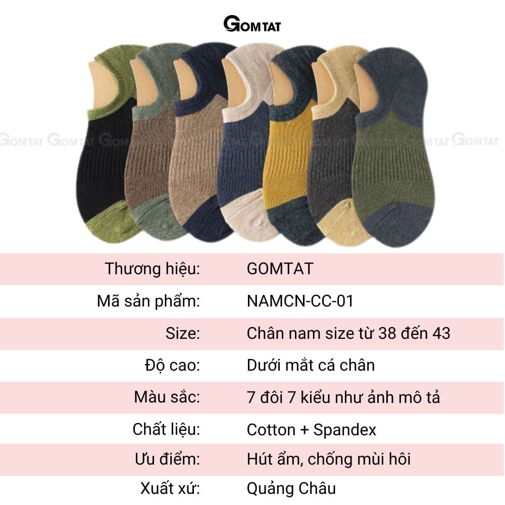 Set 7 đôi tất ngắn cổ nam có đệm chống tuột gót GOMTAT, vớ nam cổ ngắn chất liệu cotton êm mềm mịn mát - NAMCN-CC-01
