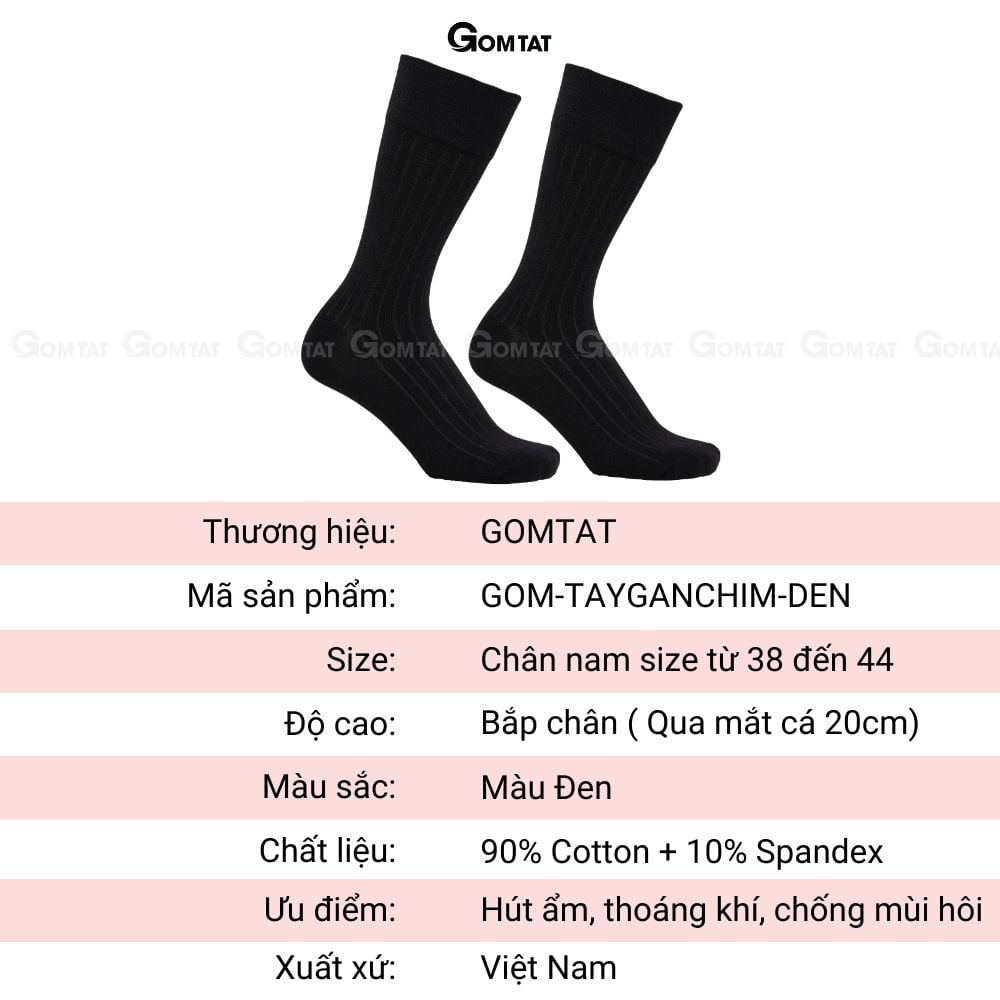 Hộp 10 đôi vớ nam cổ cao công sở GOMTAT mẫu gân chìm màu đen, chất liệu cotton, thoáng mát - GOM-TAYGANCHIM-DEN-CB10