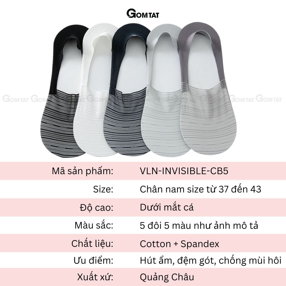Set 5 đôi tất vớ tàng hình nam chống tuột gót GOMTAT, tất lười nam có mặt lưới thoáng khí - VLN-INVISIBLE-CB5