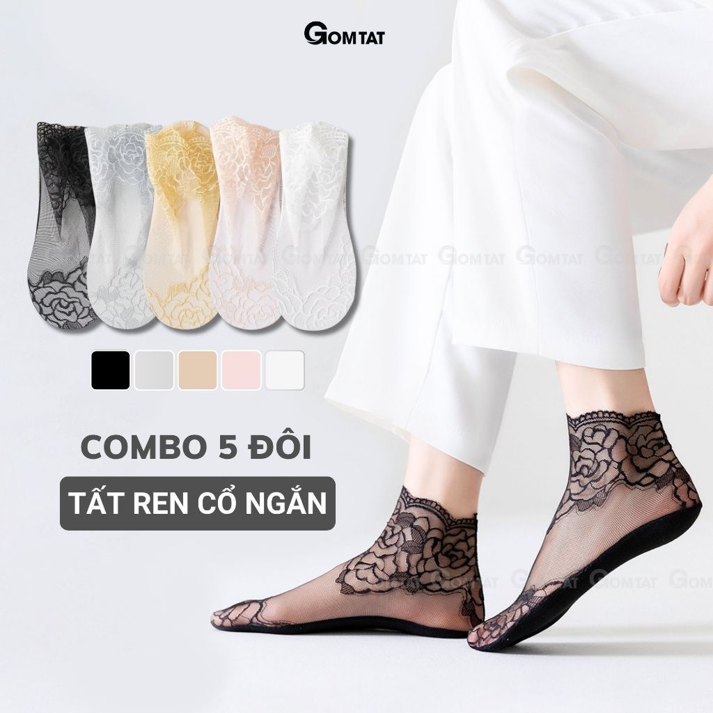 Combo 5 đôi tất nữ cổ ngắn GOMTAT họa tiết ren, vớ ren nữ đế cotton mềm mịn, thoáng khí khử mùi tốt - D16-A070-CB5