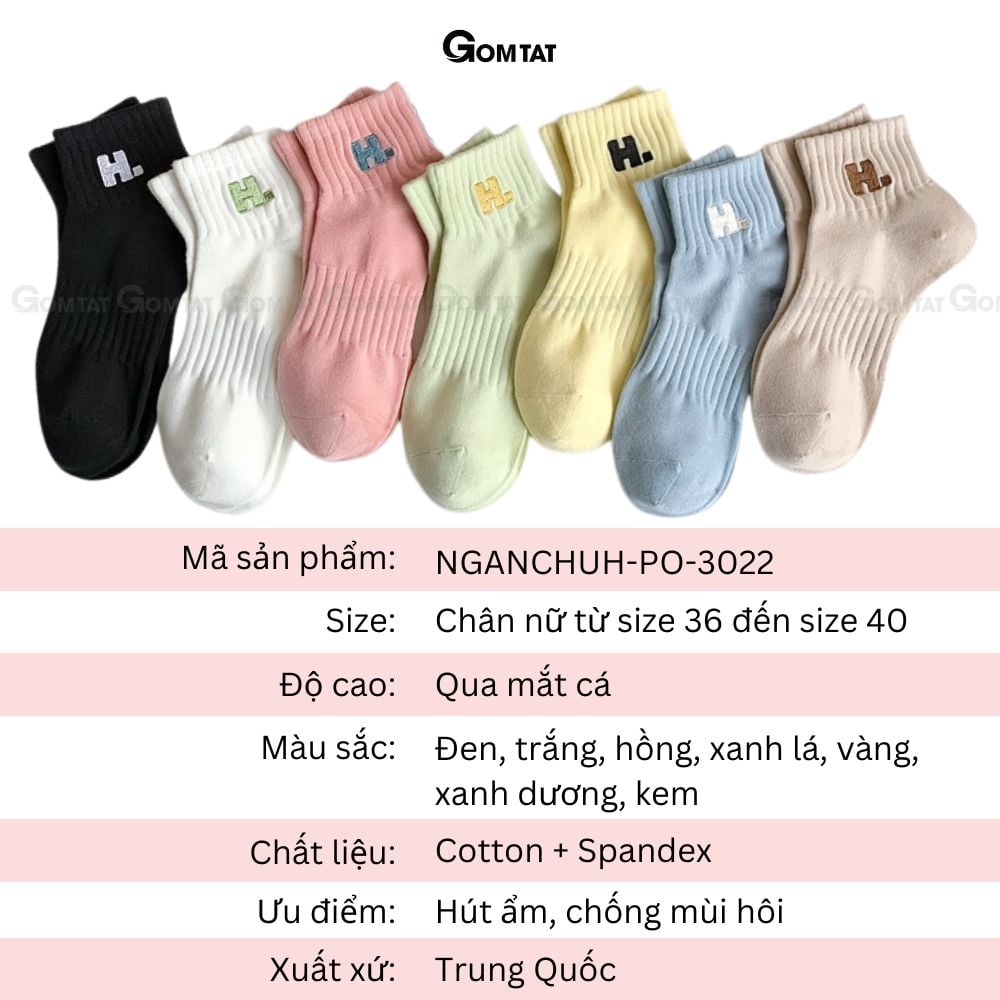 Combo 7 đôi tất nữ cổ thấp GOMTAT chữ H, chất liệu cotton hút ẩm thoáng khí khử mùi hôi -NGANCHUH-PO-3022-CB7