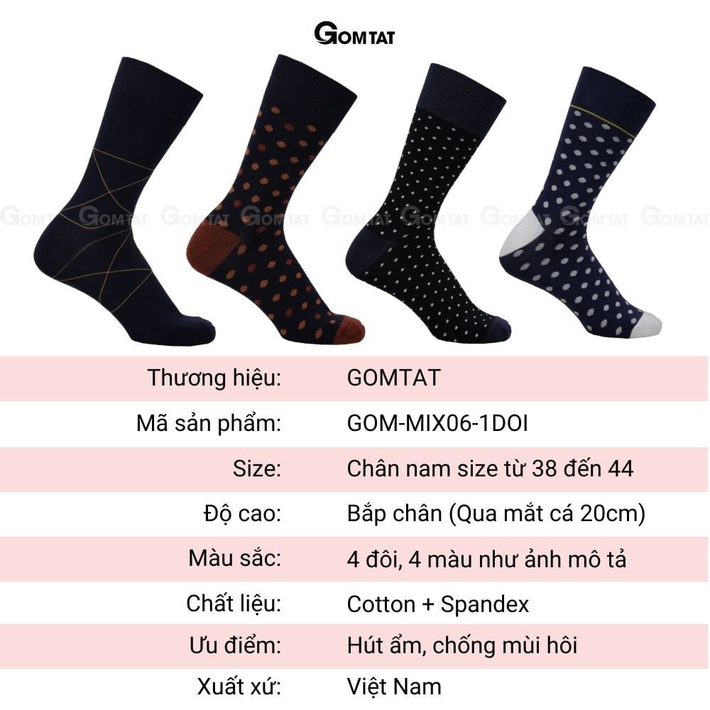 Hộp 4 đôi tất nam cổ cao công sở GOMTAT mẫu MIX06, chất liệu cotton mềm mại thoáng khí  -GOM-MIX06-CB4