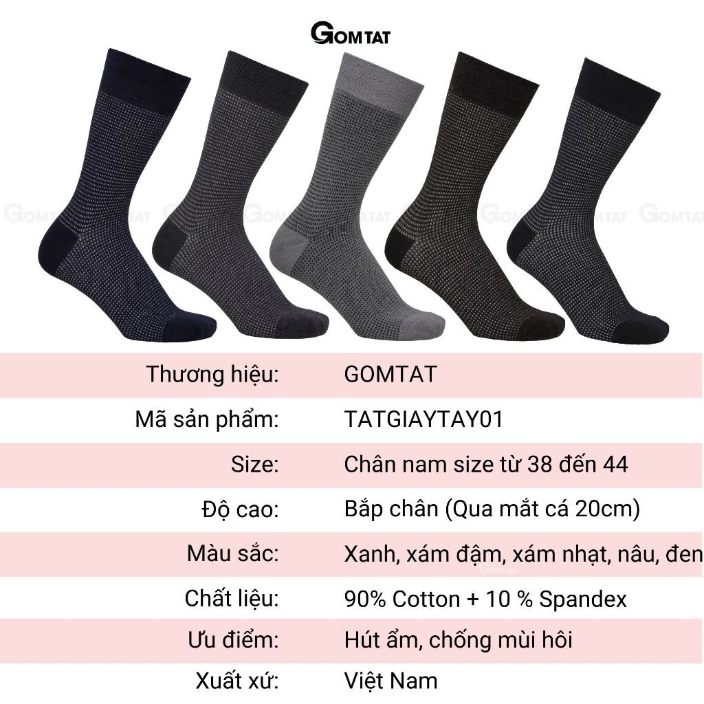 Hộp 5 đôi tất vớ nam công sở cổ cao GOMTAT chất liệu cotton cao cấp, hút ẩm, thoáng khí chống mùi hôi - TATGIAYTAY01-CB5