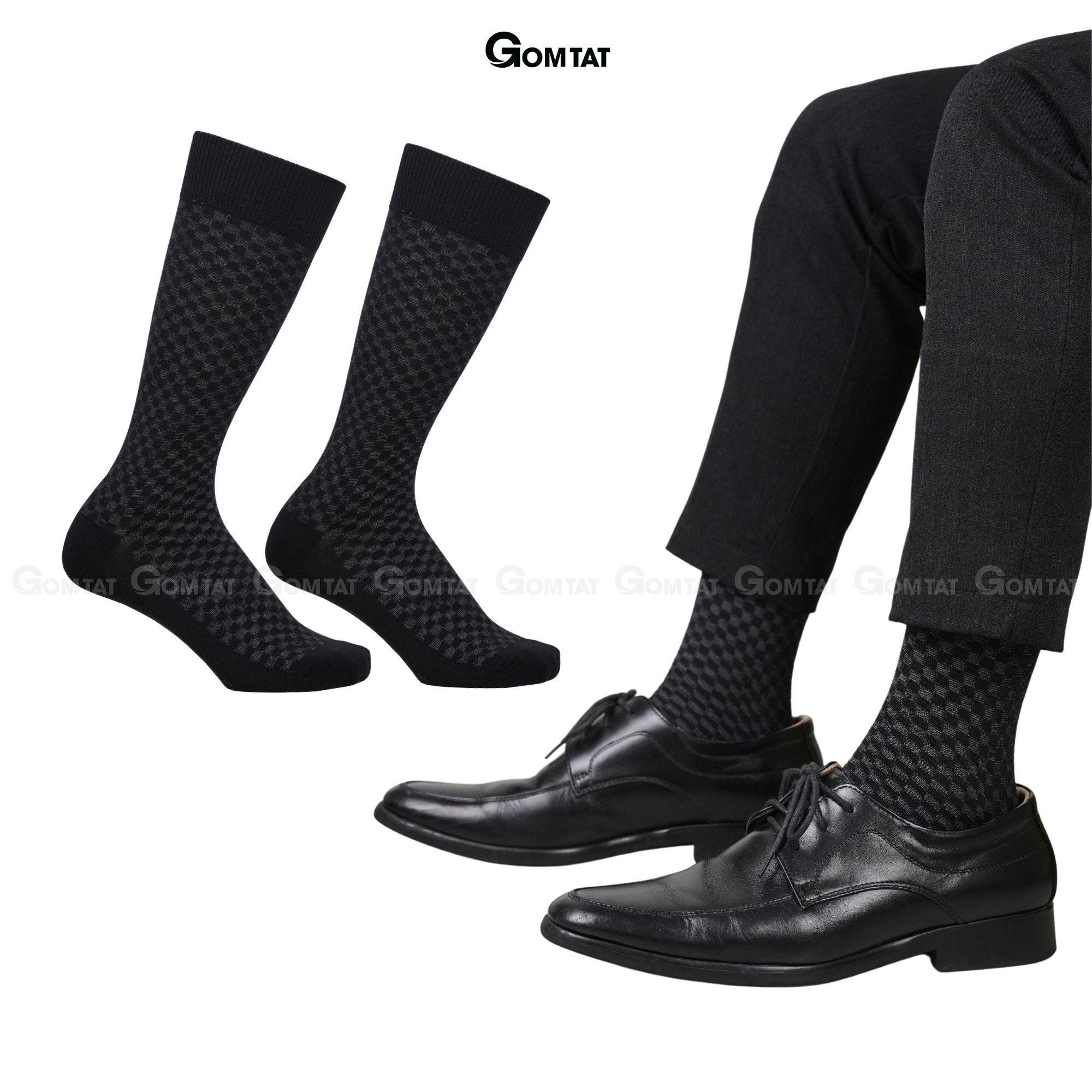 Tất đi giày tây nam GOMTAT màu đen sọc caro xám, vớ nam cổ cao 27cm chất liệu cotton cao cấp thoáng mát êm chân, tất nam cao cổ, vớ nam công sở Menswear - GOM-TAY12-DENCAROXAM
