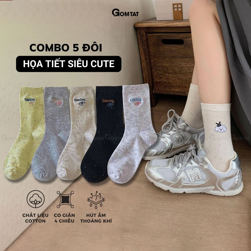 Set 5 đôi vớ nữ cổ cao GOMTAT họa tiết cute, tất nữ cotton cao cấp mềm mại, êm chân – JIN-2512-CB5