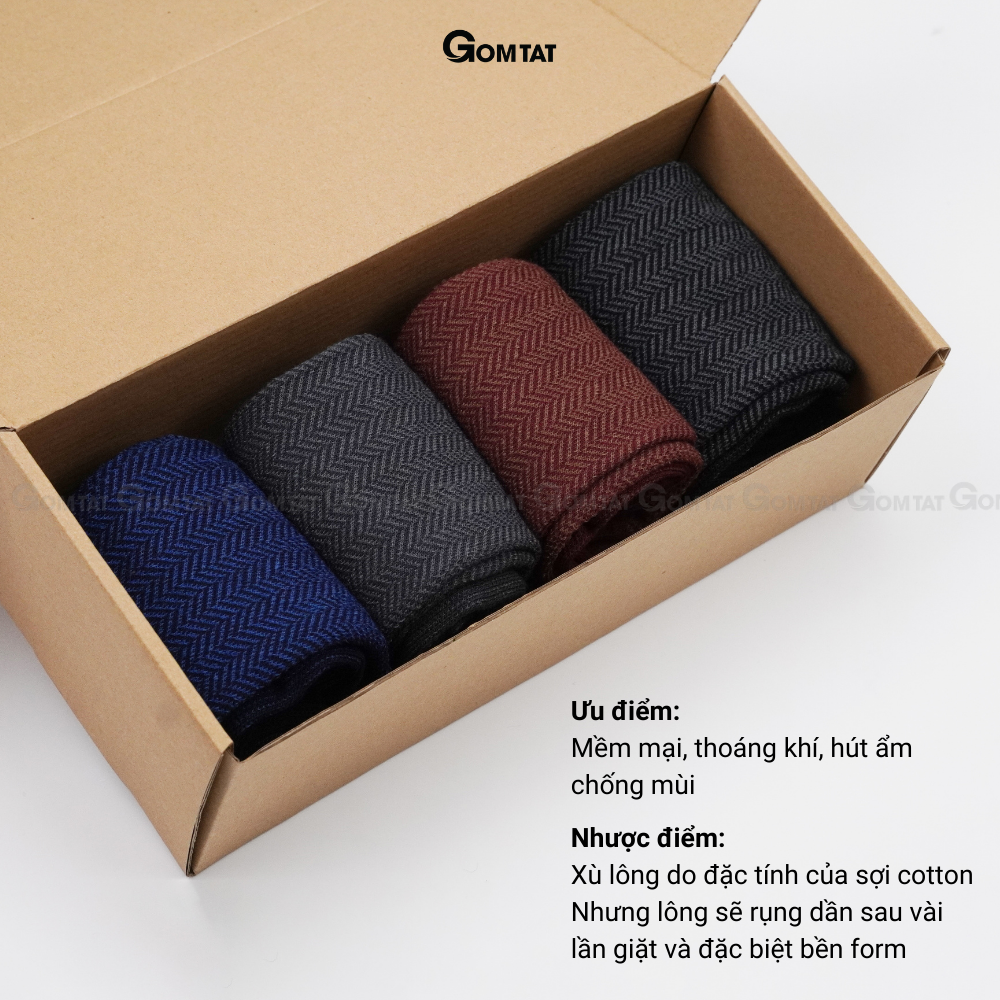 Hộp 4 đôi tất nam công sở GOMTAT mẫu sọc xương cá, chất liệu cotton cao cấp thoáng khí êm chân  -GOM-MIX14-CB4