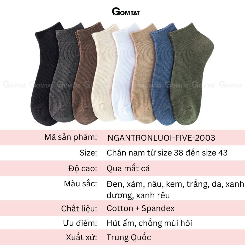 Combo 10 đôi tất cổ ngắn nam GOMTAT trơn, chất liệu cotton cao cấp hút ẩm thoáng khí khử mùi -NGANTRON-FIVE-2003-CB10