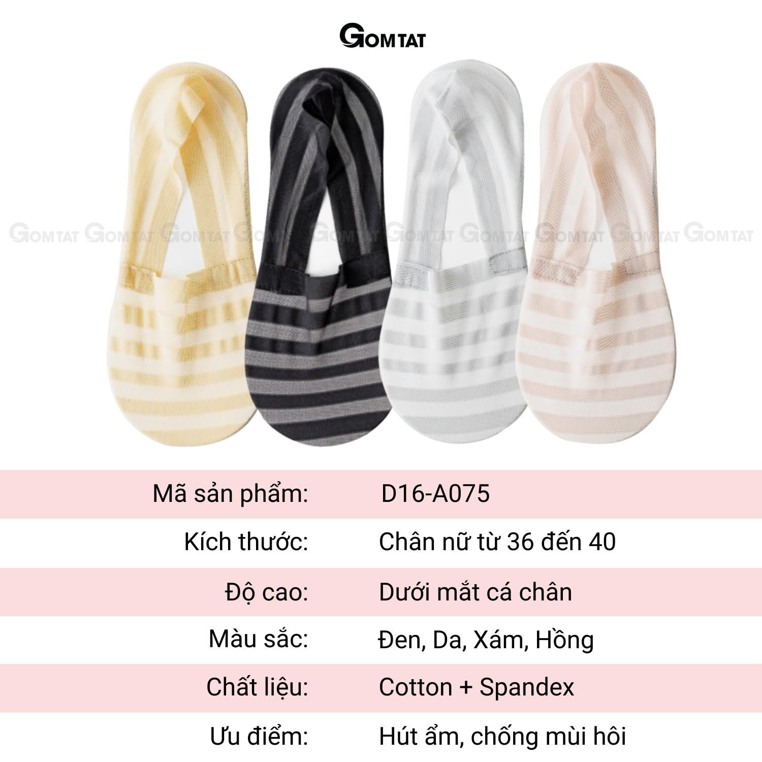 Tất lười nữ GOMTAT cao cấp, vớ mang giày lười sọc ngang chất liệu cotton hút ẩm thoáng khí khử mùi, tất vớ lười có đệm silicone chống tuột - D16-A075-1DOI