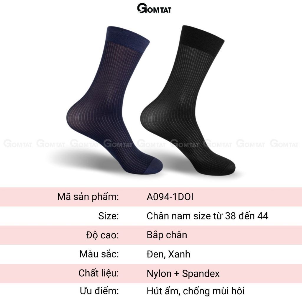 Tất vớ đi giày tây nam GOMTAT chất liệu sợi Nylon cao cấp, tất công sở họa tiết sọc gân, vớ nam cổ cao siêu mỏng xuyên thấu, mềm mịn - D16-A094-1DOI