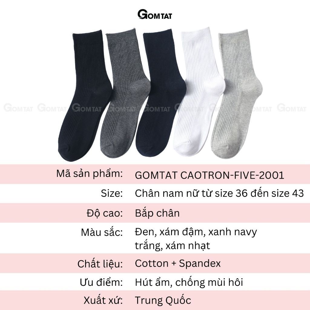 Set 5 đôi tất vớ nam cổ cao GOMTAT, hoạ tiết gân chìm, chất liệu cotton dày dặn thoáng khí - CAOTRON-FIVE-2001-CB5
