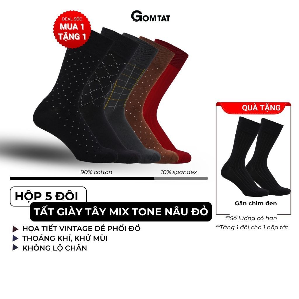 Hộp 5 đôi vớ nam cổ cao GOMTAT mẫu MIX03, chất liệu cotton cao cấp hút ẩm, thoáng khí  -GOM-MIX03-CB5