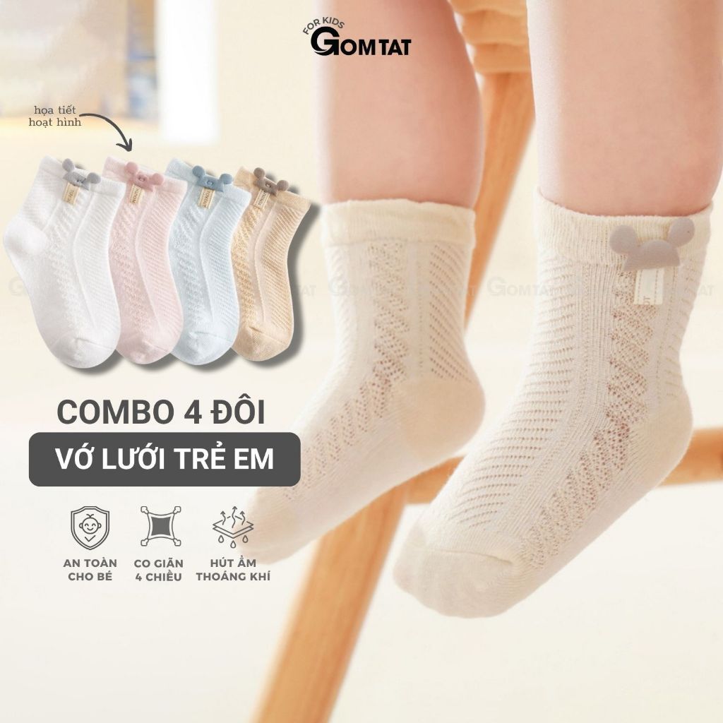 Combo 4 đôi tất trẻ em lưới thoáng khí GOMTAT chất liệu cotton mềm mại an toàn cho bé - YIQ-W018-CB4
