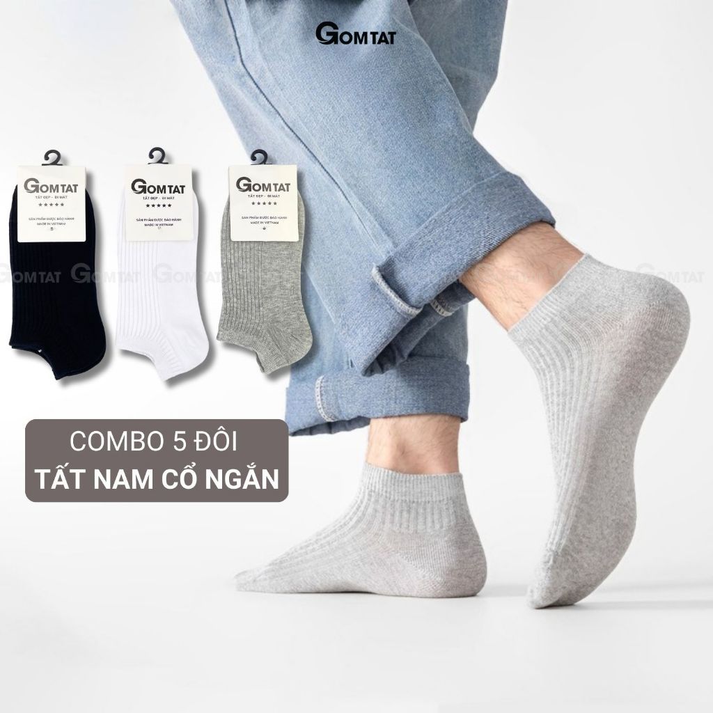 Combo 5 đôi tất cổ ngắn nam GOMTAT gân chìm, chất liệu cotton hút ẩm thoáng khí khử mùi -FIVE-TAY10-NGAN-CB5