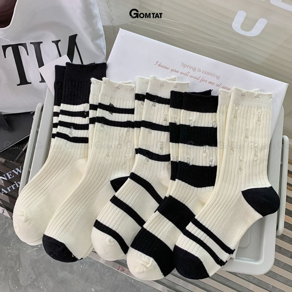 Combo 5 đôi tất nam nữ cao cổ kiểu rách GOMTAT phong cách Hàn Quốc, sợi cotton mềm mại, thoáng mát - CAOWASH-PO-3025-CB5