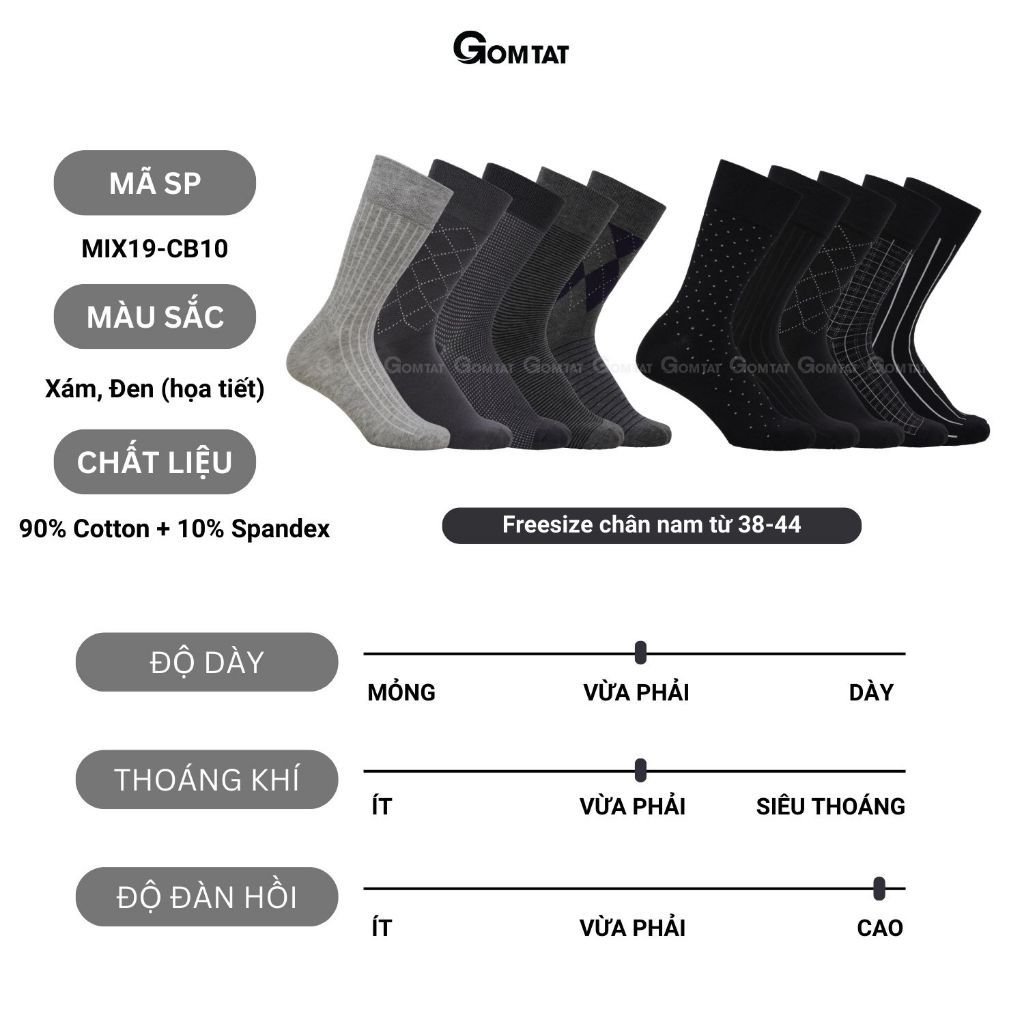 Hộp 10 đôi tất nam giày tây công sở GOMTAT màu đen và xám, chất liệu cotton thoáng mát, khử mùi - GOM-MIX19-CB10