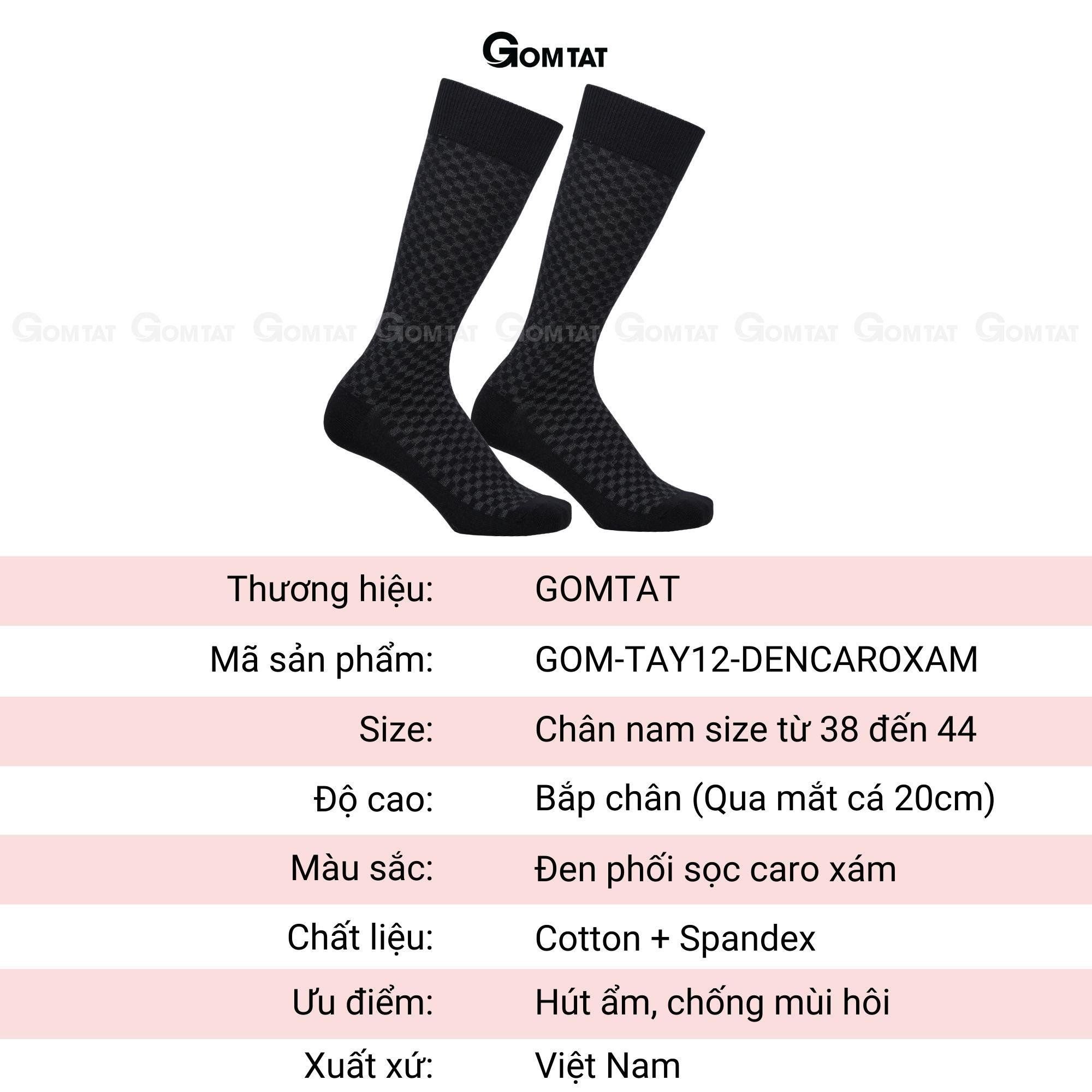Tất đi giày tây nam GOMTAT màu đen sọc caro xám, vớ nam cổ cao 27cm chất liệu cotton cao cấp thoáng mát êm chân, tất nam cao cổ, vớ nam công sở Menswear - GOM-TAY12-DENCAROXAM