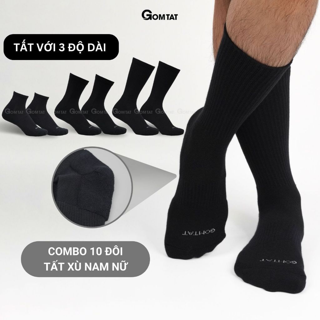 Combo 10 đôi vớ nam nữ màu đen GOMTAT, chất liệu cotton cao cấp, thoáng mát, có lớp xù êm chân - STA-5009-CB10