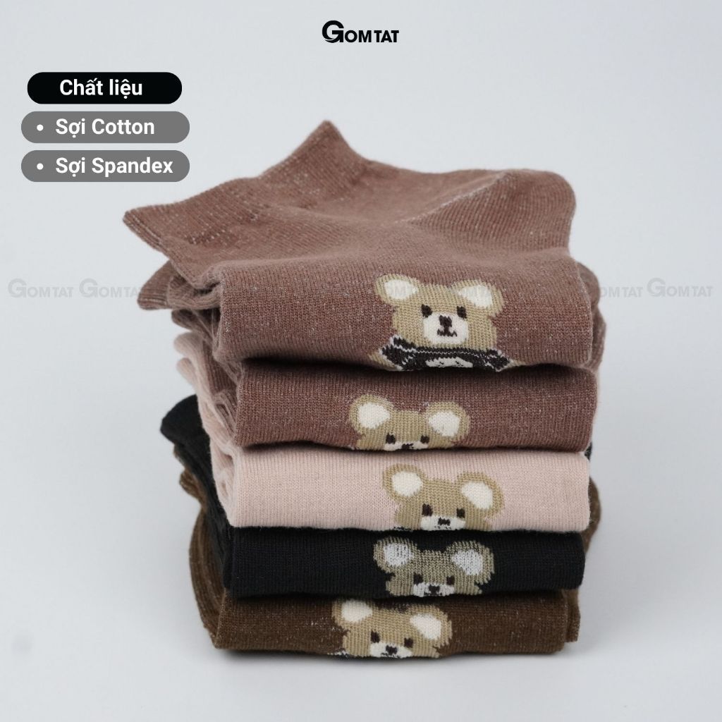 Set 5 đôi vớ nữ cổ ngắn GOMTAT, họa tiết mặt cười, hình gấu, trái tim, chất liệu cotton hút ẩm thoáng khí  -LISU37