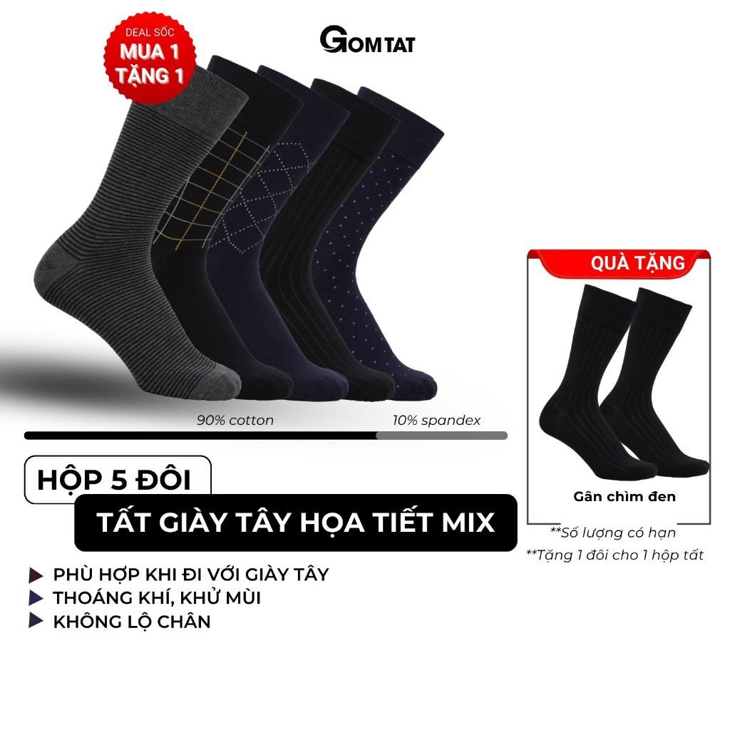 Hộp 5 đôi tất cổ cao nam đi giày tây GOMTAT mẫu MIX02, chất liệu cotton cao cấp, hút ẩm, thoáng khí  -GOM-MIX02-CB5