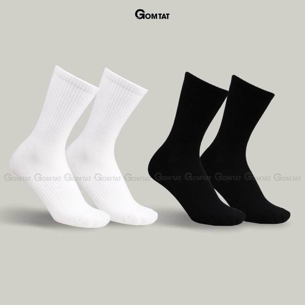 Hộp 10 đôi tất cao cổ GOMTAT mẫu trơn basic, vớ nam nữ chất cotton khử mùi êm chân - PRI-2505-CB10