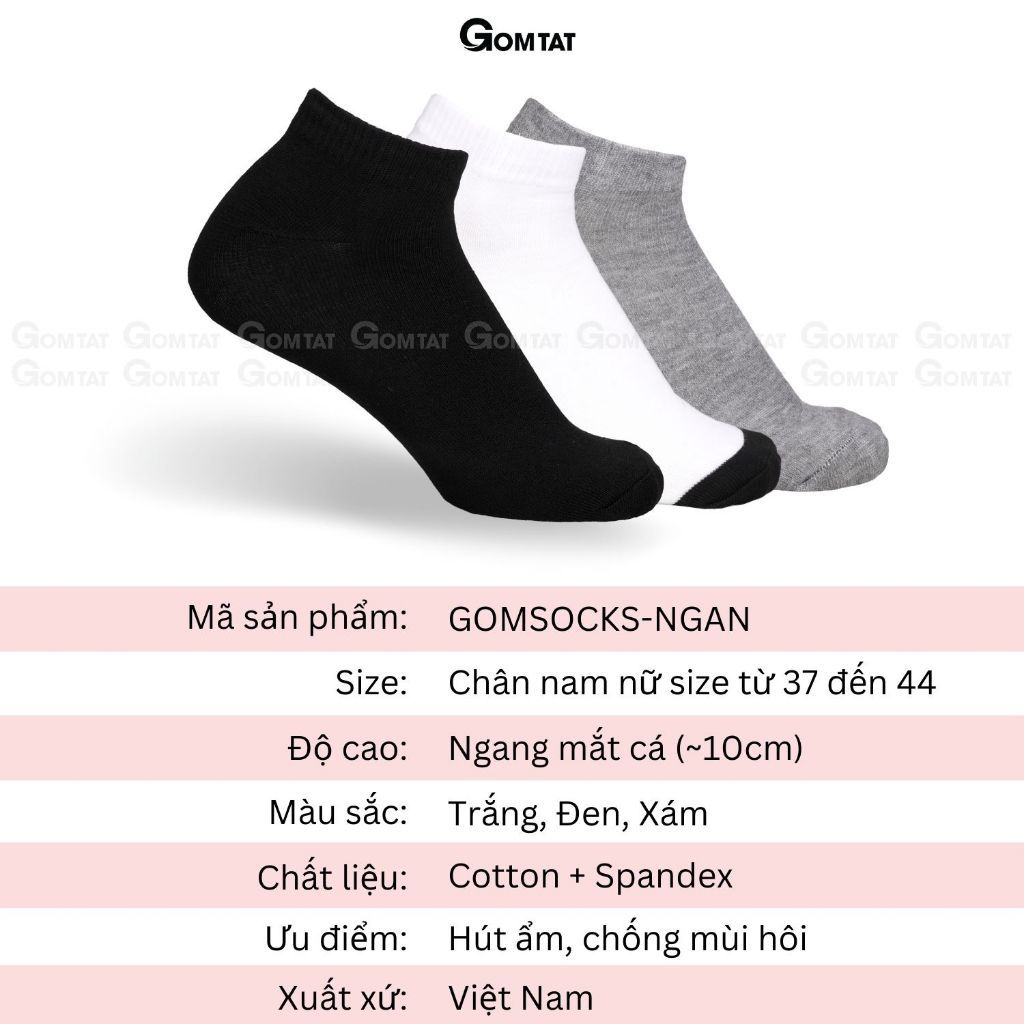 Combo 5 đôi vớ ngắn nam nữ GOMTAT, tất ngắn cổ trơn màu basic, hút ẩm thoáng khí, khử mùi êm chân - GOMSOCKS-NGAN-CB5