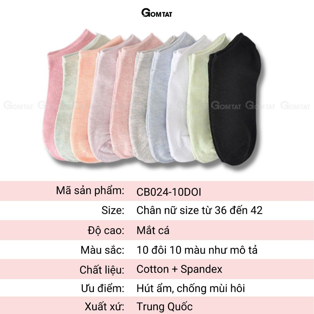 Set 10 Đôi Tất Nữ Cổ Ngắn GOMTAT Nhiều Màu, Vớ Nữ Cổ Thấp Cotton Cao Cấp Co Giãn Êm Chân  -CB024