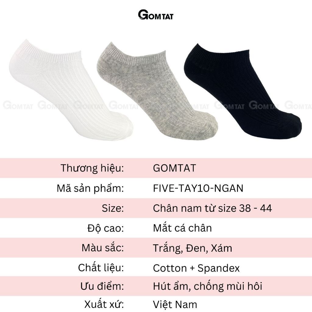 Combo 5 đôi tất cổ ngắn nam GOMTAT gân chìm, chất liệu cotton hút ẩm thoáng khí khử mùi -FIVE-TAY10-NGAN-CB5