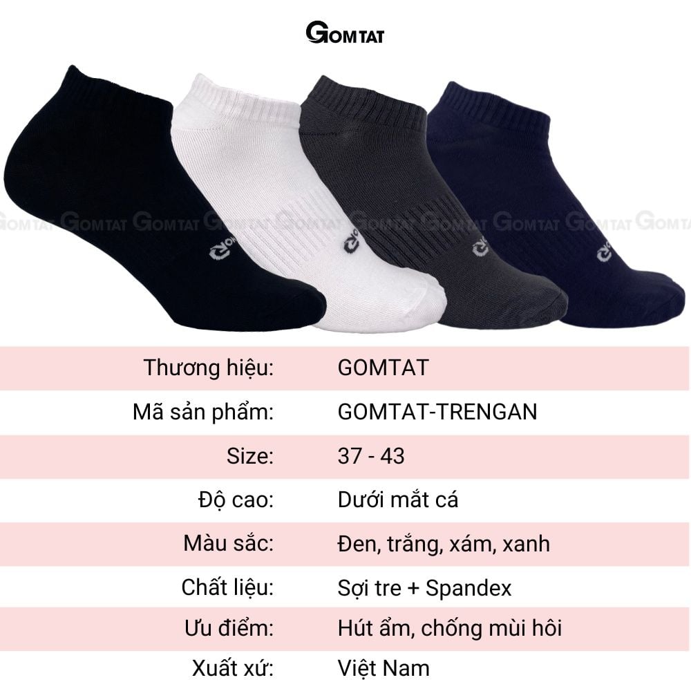 Hộp 4 đôi vớ ngắn nam GOMTAT, chất liệu sợi tre khử mùi tốt, hút ẩm thoáng khí - GOMTAT-TRENGAN-CB4