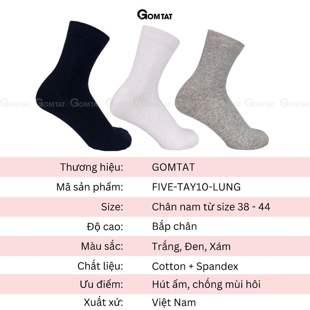 Combo 5 đôi tất nam cổ trung trơn màu GOMTAT mẫu gân chìm, chất liệu cotton thoáng khí, êm chân - FIVE-TAY10-LUNG-CB5
