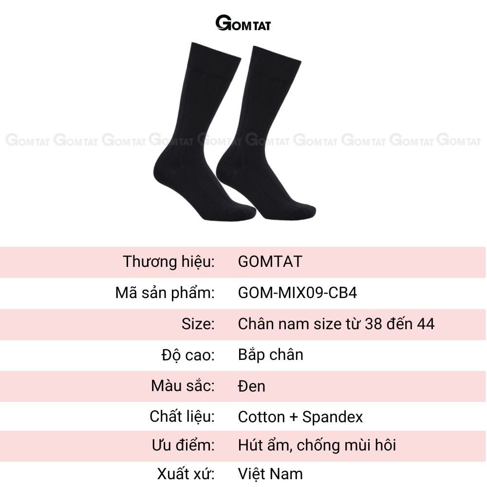 Hộp 4 đôi tất đen nam cao cổ GOMTAT mẫu gân chìm, vớ nam công sở cổ cao chất liệu cotton cao cấp - GOM-MIX09-DEN-CB4